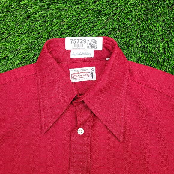 Vintage 70s Disco Hippie Button Shirt M/L 21x29 Red Textured - Picture 12 of 13